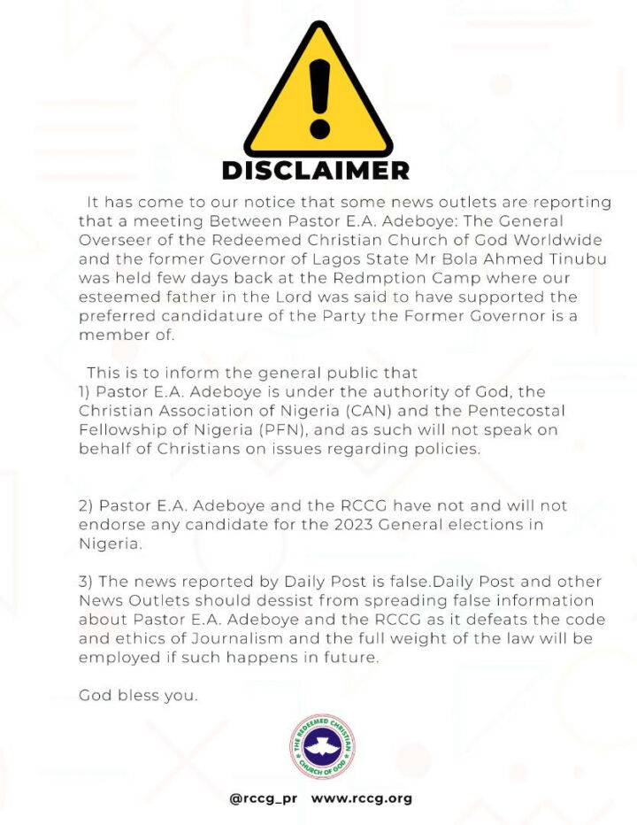 Pastor Adeboye Will Not Endorse Any Presidential Candidate – RCCG 2 The Redeemed Christian Church of God