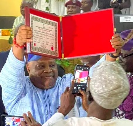 Osun Election: Adeleke Receives Certificate Of Return From INEC 2 Senator Ademola Adeleke