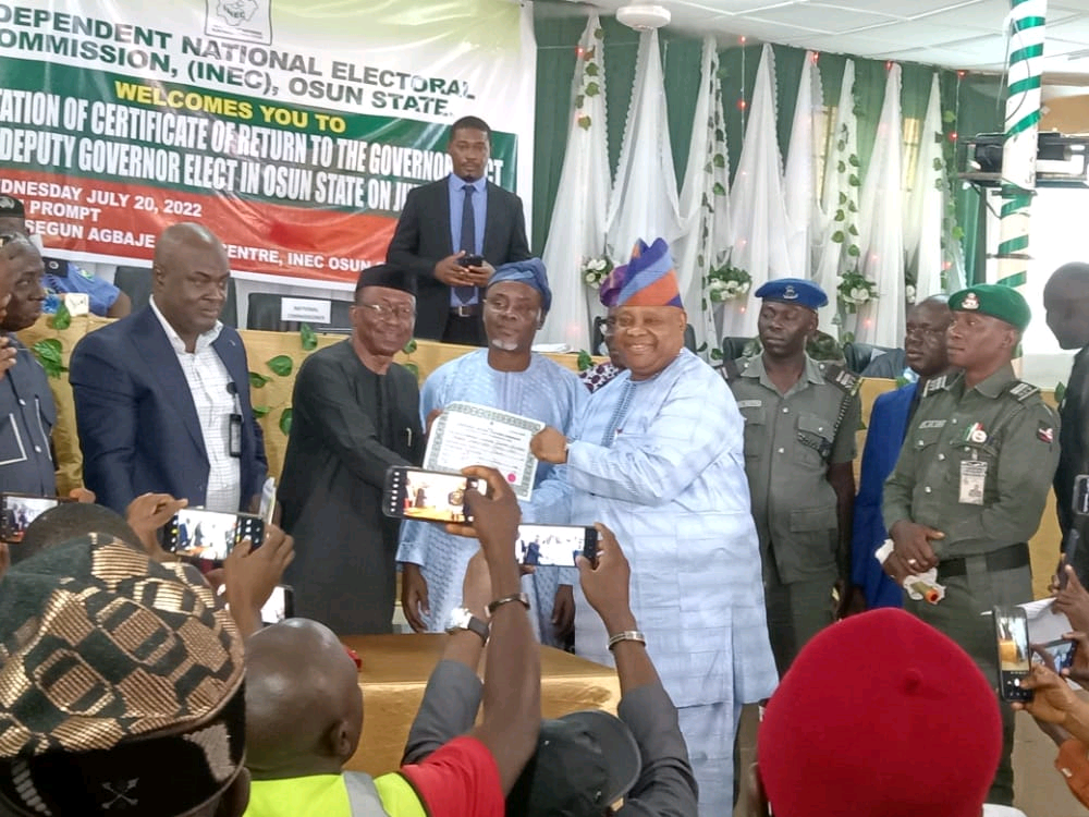 Osun Election: Adeleke Receives Certificate Of Return From INEC 1 Senator Ademola Adeleke receiving his certificate of return from INEC