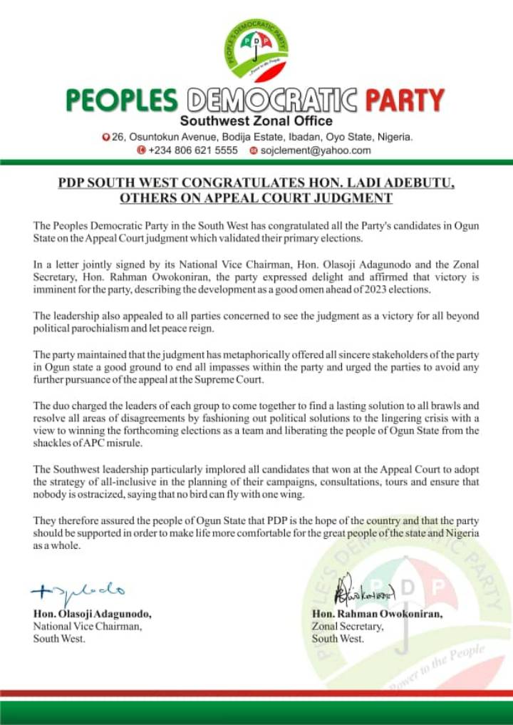 South-West PDP congratulate Adebutu, Others on Appeal Court Ruling 2 PDP South-West Congratulate Adebutu, Others on Court of Appeal Judgement - 1st December 2022