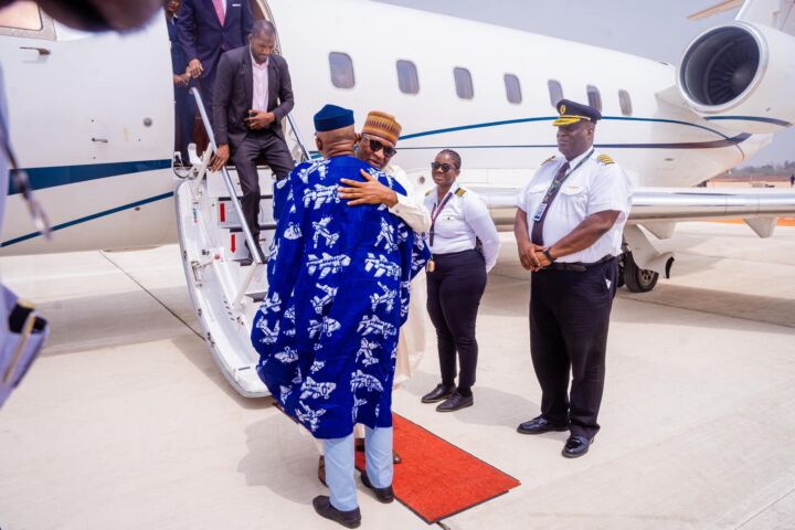 Governor Dapo Abiodun welcoming Aviation Minister Hadi Sirika at the Maiden flight event of Ogun Gateway International Agro Cargo Airport