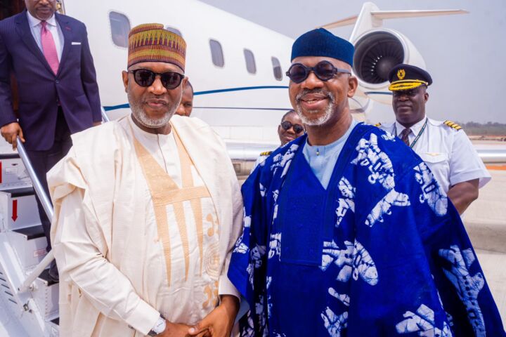 Governor Dapo Abiodun with Aviation Minister, Senator Hadi Sirika at the Maiden flight event of Ogun Gateway International Agro Cargo Airport