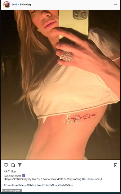 Jennifer Lopez, Husband Unveil Complementary Tattoos On Valentine’s Day 1 Jennifer Lopez and husband, Ben Affleck