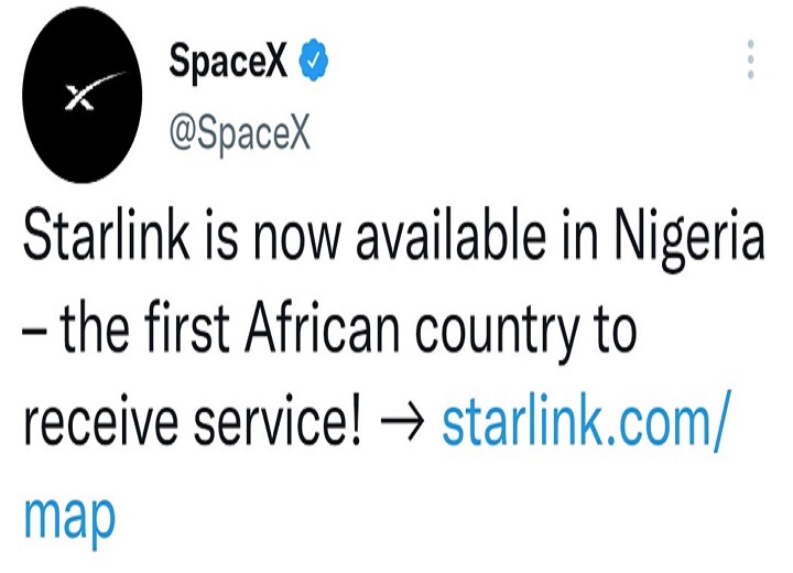 Elon Musk's Starlink Broadband Internet Now Available In Nigeria 2 SpaceX Starlink Now Available in Nigeria Tweet