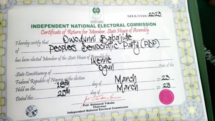INEC Certificate of Return wrongful issued to Babajide Owodunni