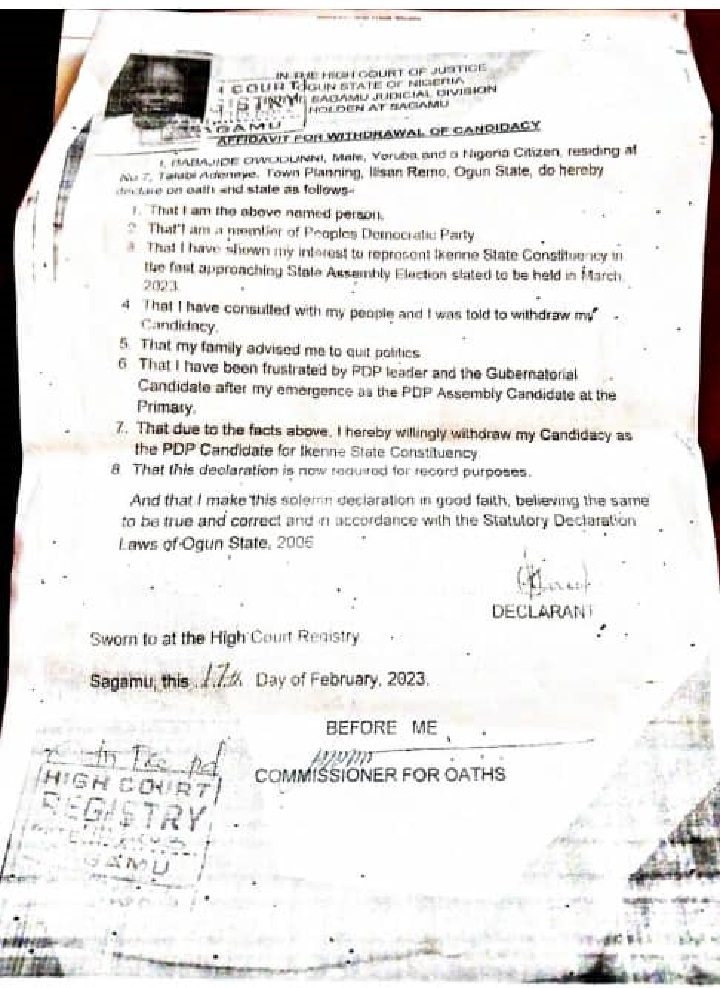 Jide Owodunni's Affidavit of Withdrawal of PDP Membership and from Ogun State House of Assembly Race