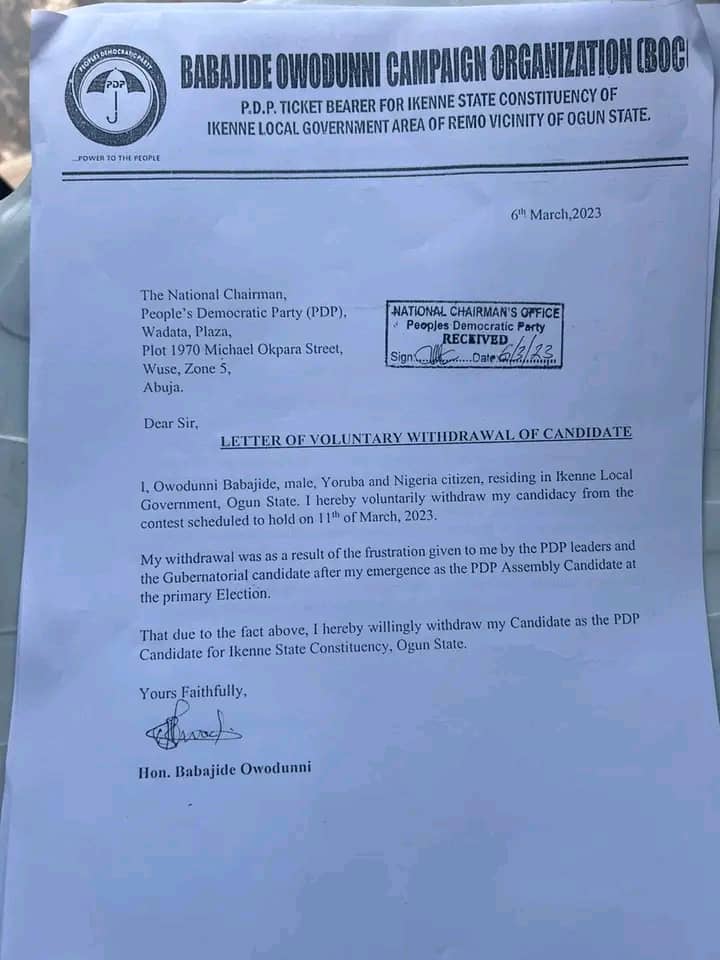 Jide Owodunni's Letter of Voluntary Withdrawal of PDP Membership and from Ogun State House of Assembly Race