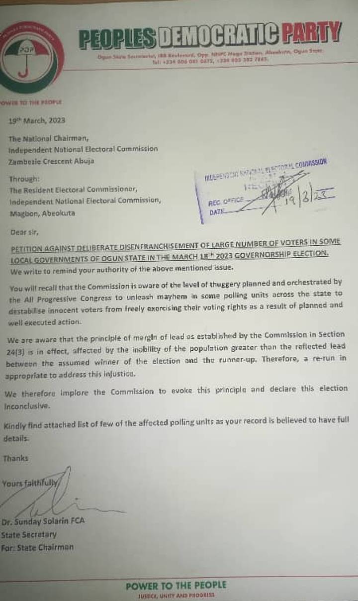 Ogun PDP Letter to INEC over Governorship Election Malpractices 20230319