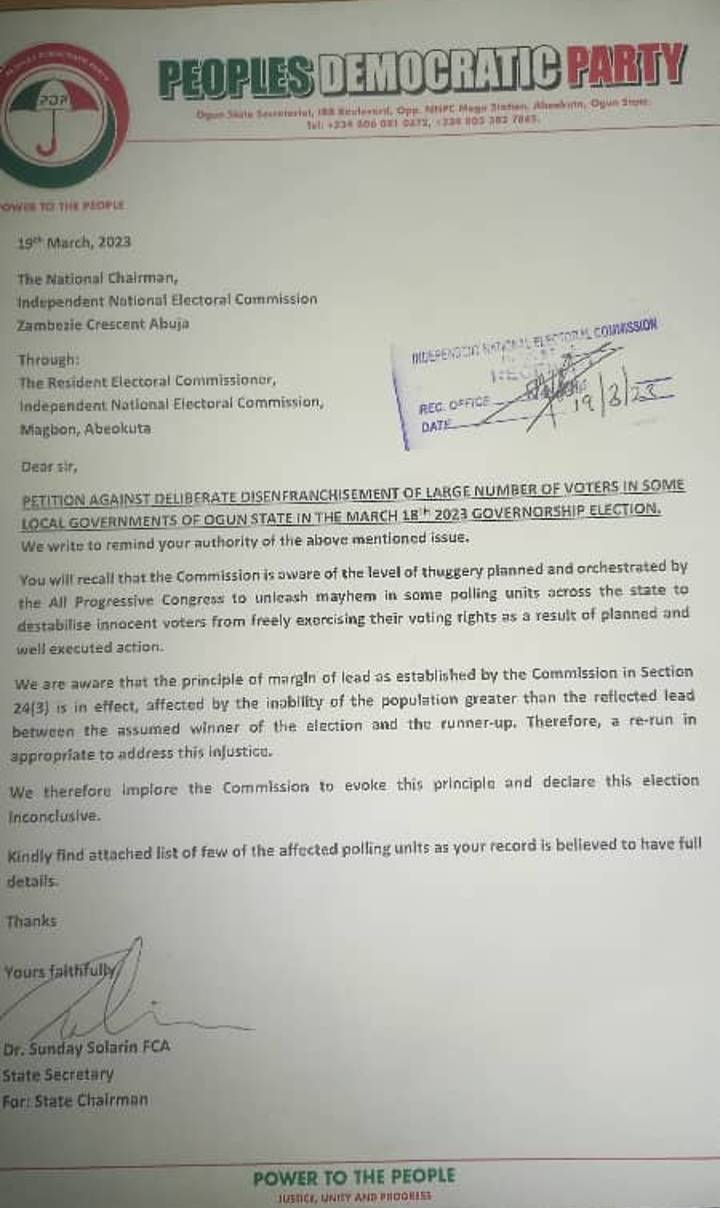 Ogun PDP petitions INEC over Governorship Election Malpractices 1 Ogun PDP Letter to INEC over Governorship Election Malpractices 20230319