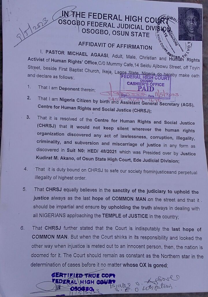 Pastor Michael Agaasi's Affidavit of Affirmation dated May 2023