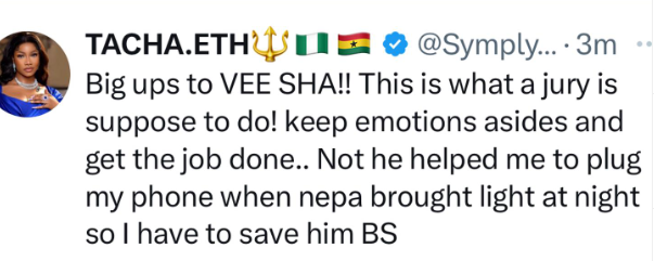 Future BBNaija Jury Members Should Think Like Vee – Tacha 1 Tacha