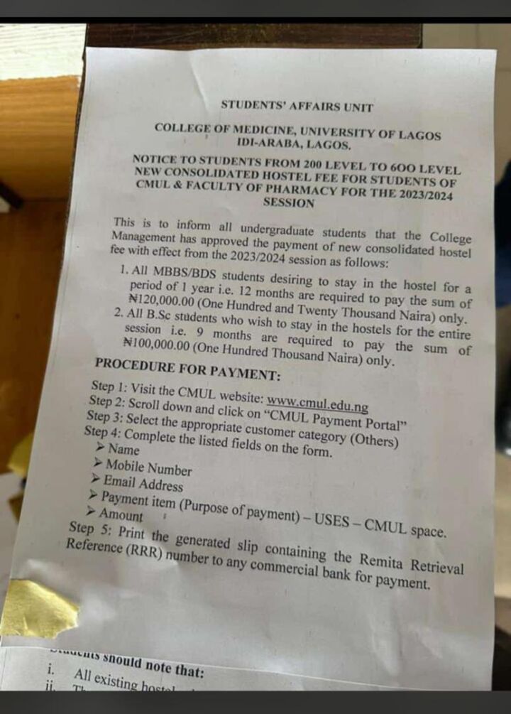 UNILAG Notification of Student Fees
