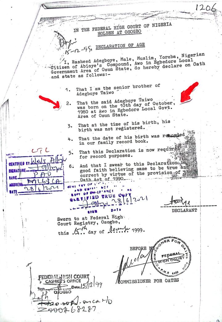 Rights group alleges deposed Alawo of Serial Document Forgery 3 Adegboye Taiwo Rasaq's Declaration of Age