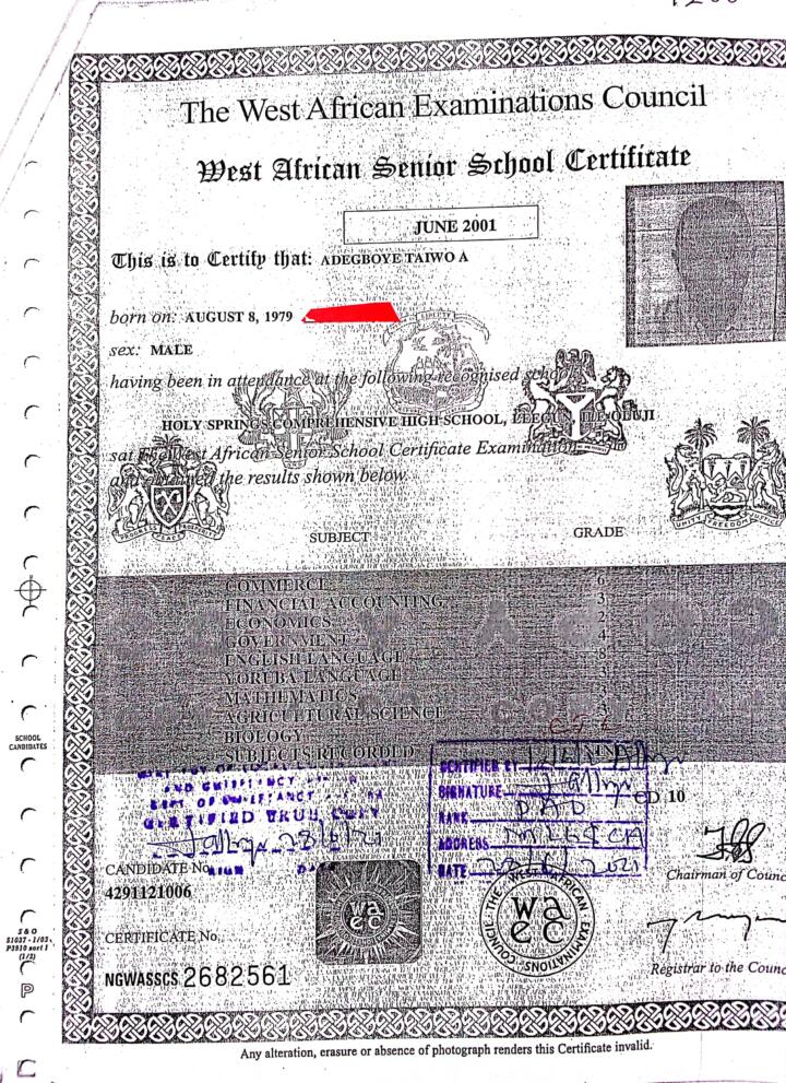 Rights group alleges deposed Alawo of Serial Document Forgery 2 Adegboye Taiwo Rasaq's WAEC Certificate