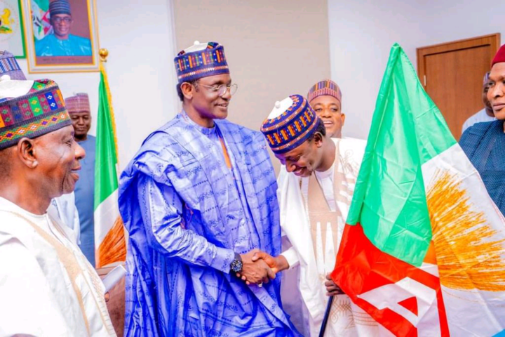 Yobe lawmaker who defeated ex-speaker defects to APC 1 Mai Mala Buni and Lawan Musa Majakura