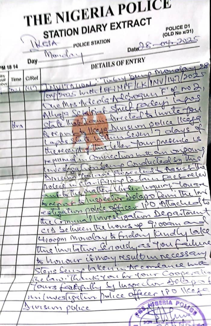 The Nigeria Police Station Diary Report Extract from Ikeja Station dated 28th April 2025