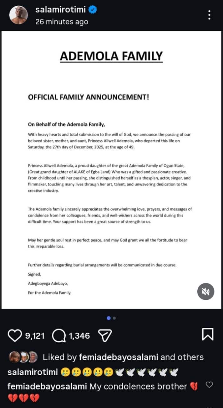 Allwell Ademola Was 49 Before Her Death, Not 43 - Family 1 Allwell Ademola